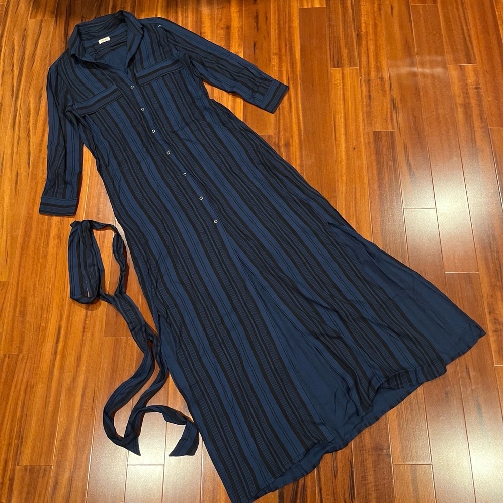 L'Agence Cameron Maxi Blue Shirt Dress Collared Black Striped Button-down Size 2